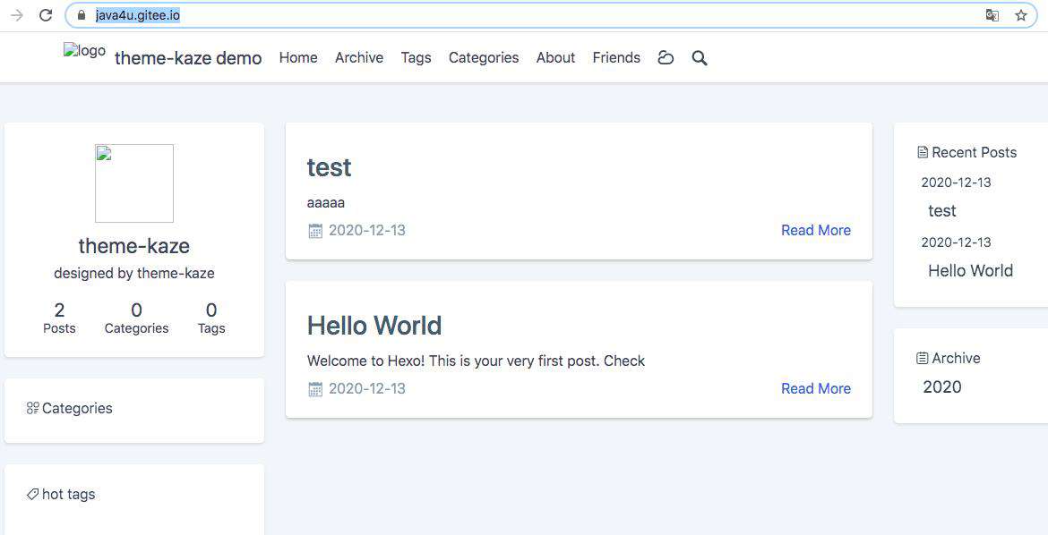 Hexo+Kaze+Gitee Pages 搭建静态博客网站