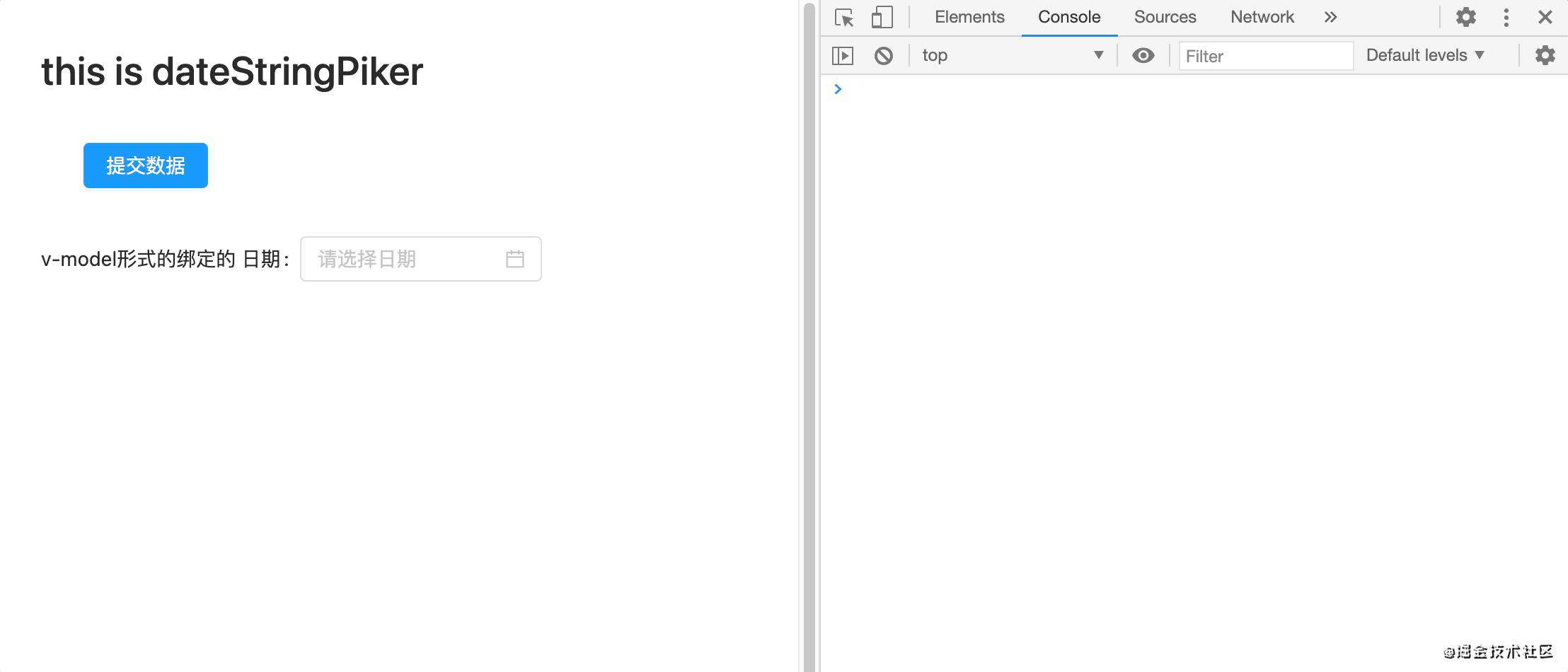 使用ant design vue封装一个日期组件，提交数据为字符串——dateStingPicker
